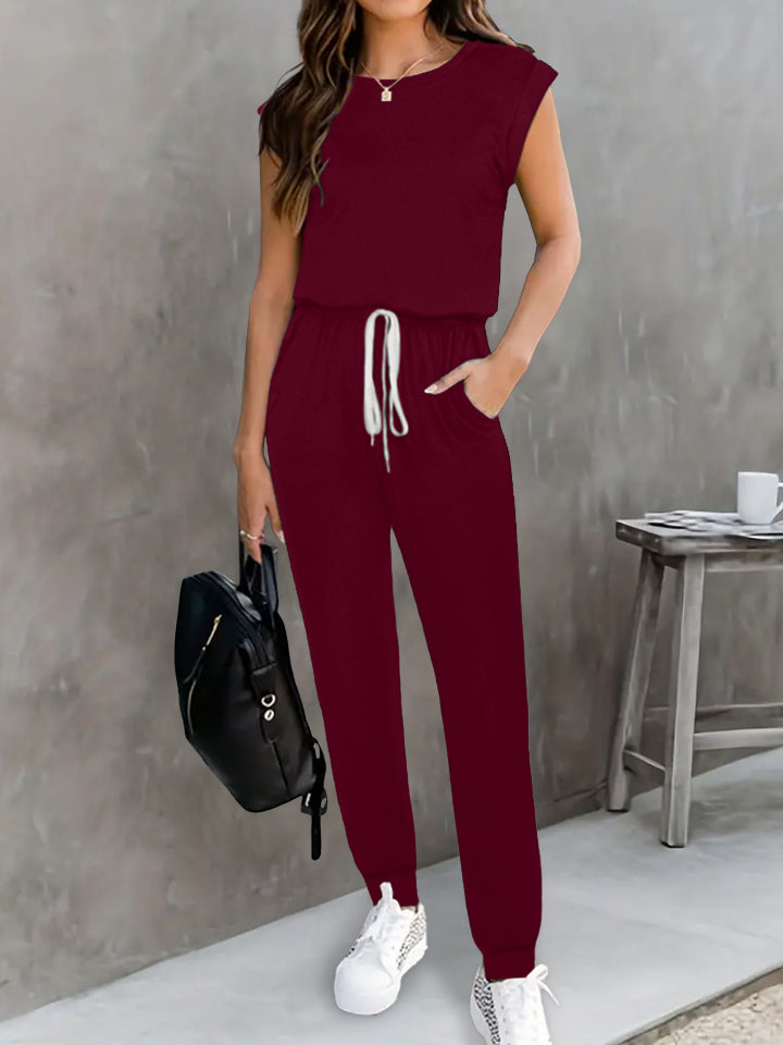 Drawstring Round Neck Sleeveless Jumpsuit - Viarous