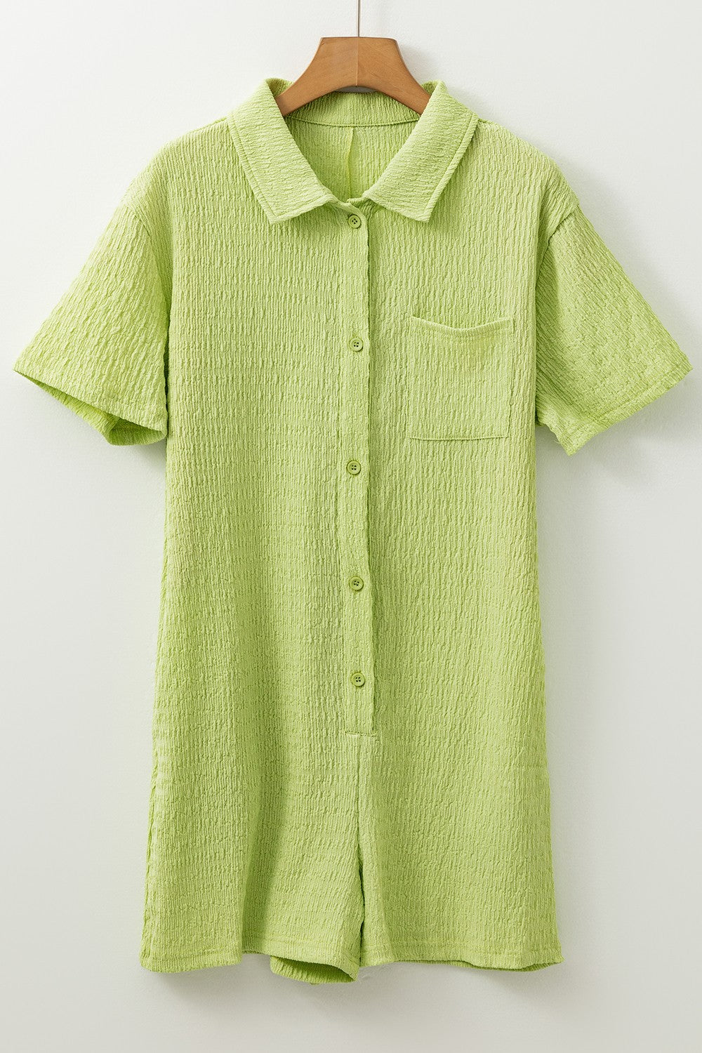 Textured Short Sleeve Patched Pocket Buttoned Romper - Viarous