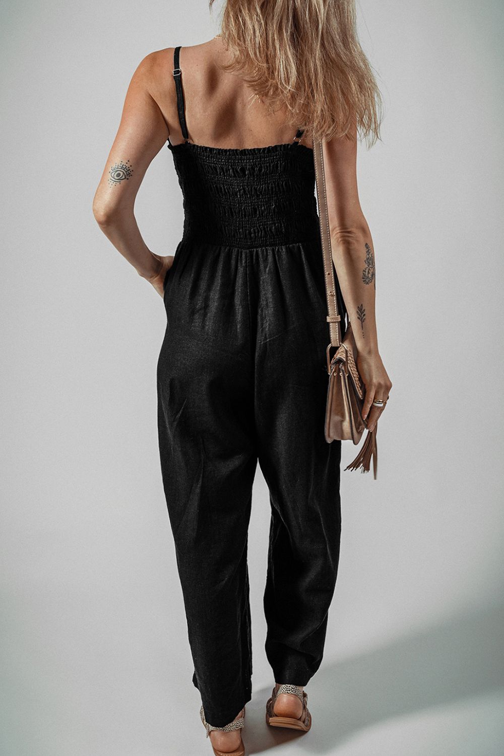Smocked Spaghetti Straps Wide Leg Jumpsuit - Viarous