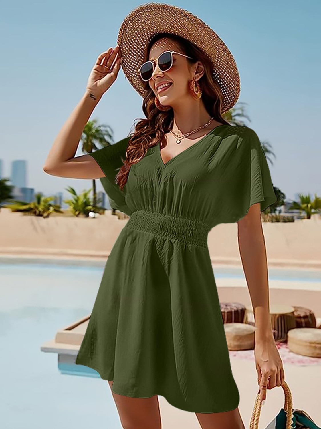 Smocked V-Neck Short Sleeve Dress - Viarous