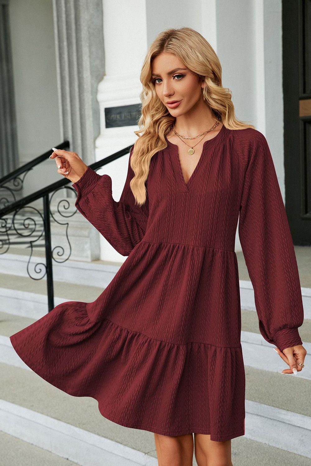 Notched Neck Long Sleeve Mini Dress - Viarous