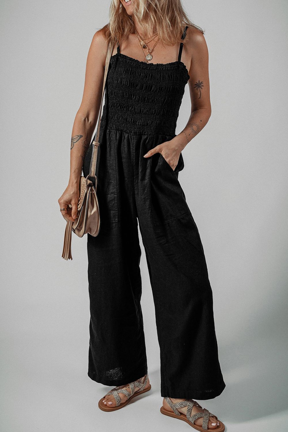 Smocked Spaghetti Straps Wide Leg Jumpsuit - Viarous
