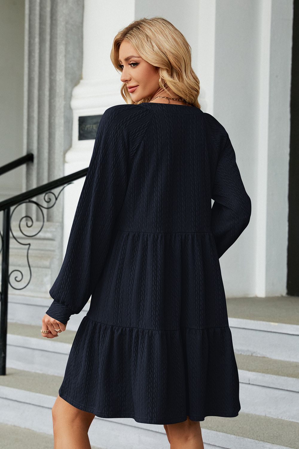 Notched Neck Long Sleeve Mini Dress - Viarous