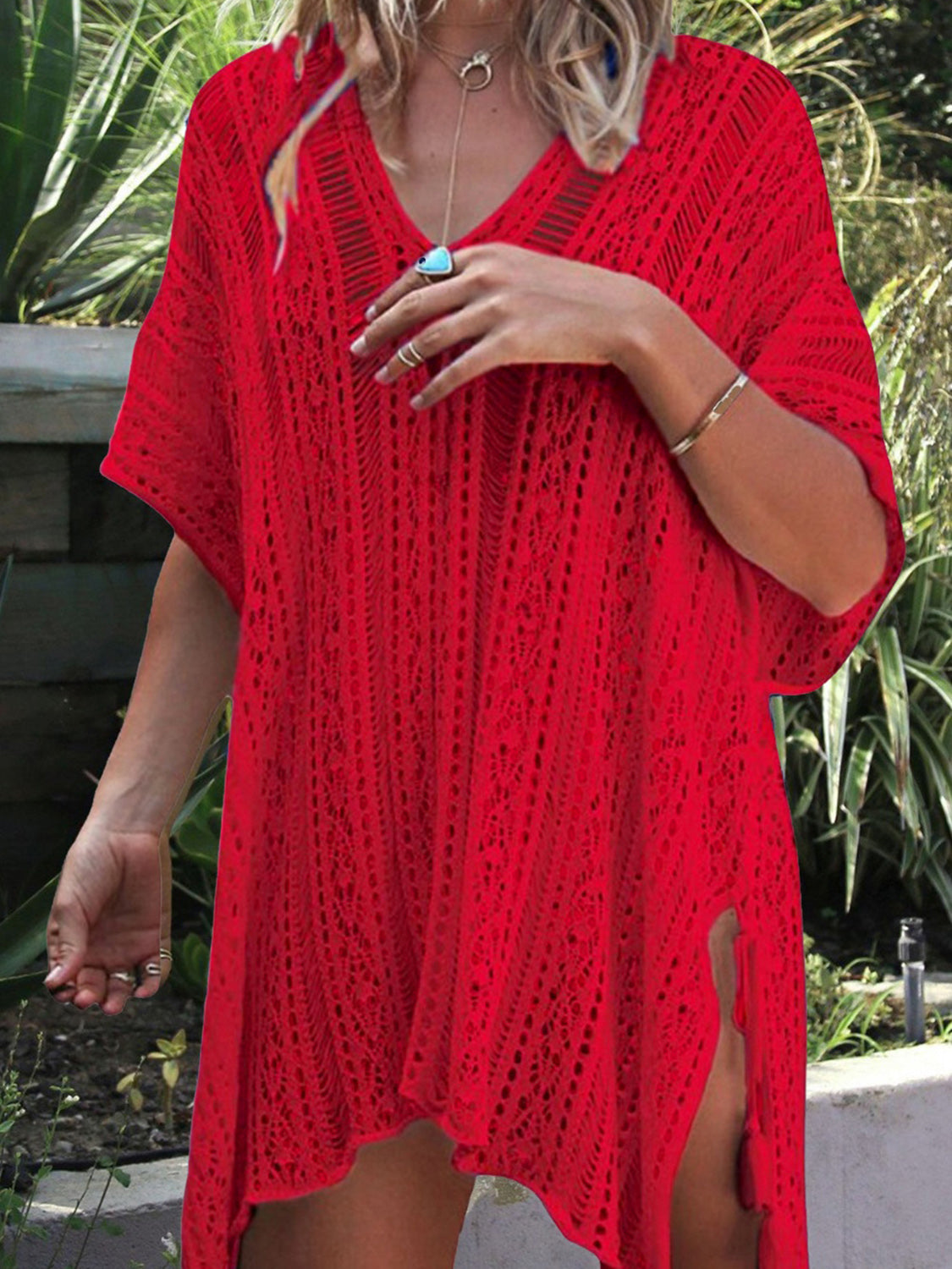 Angel Wings Cutout V-Neck Cover-Up with Tassel - Viarous