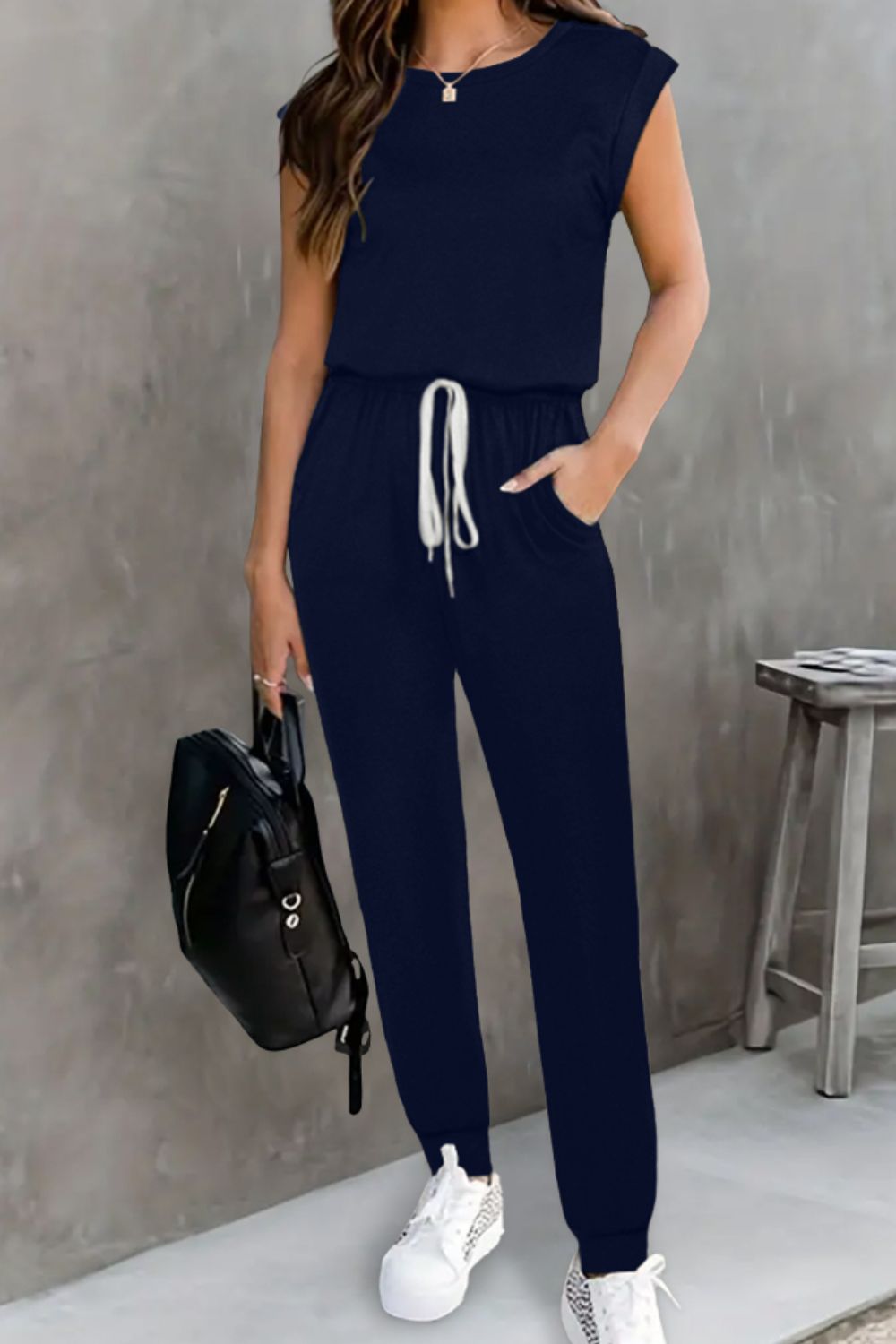 Drawstring Round Neck Sleeveless Jumpsuit - Viarous
