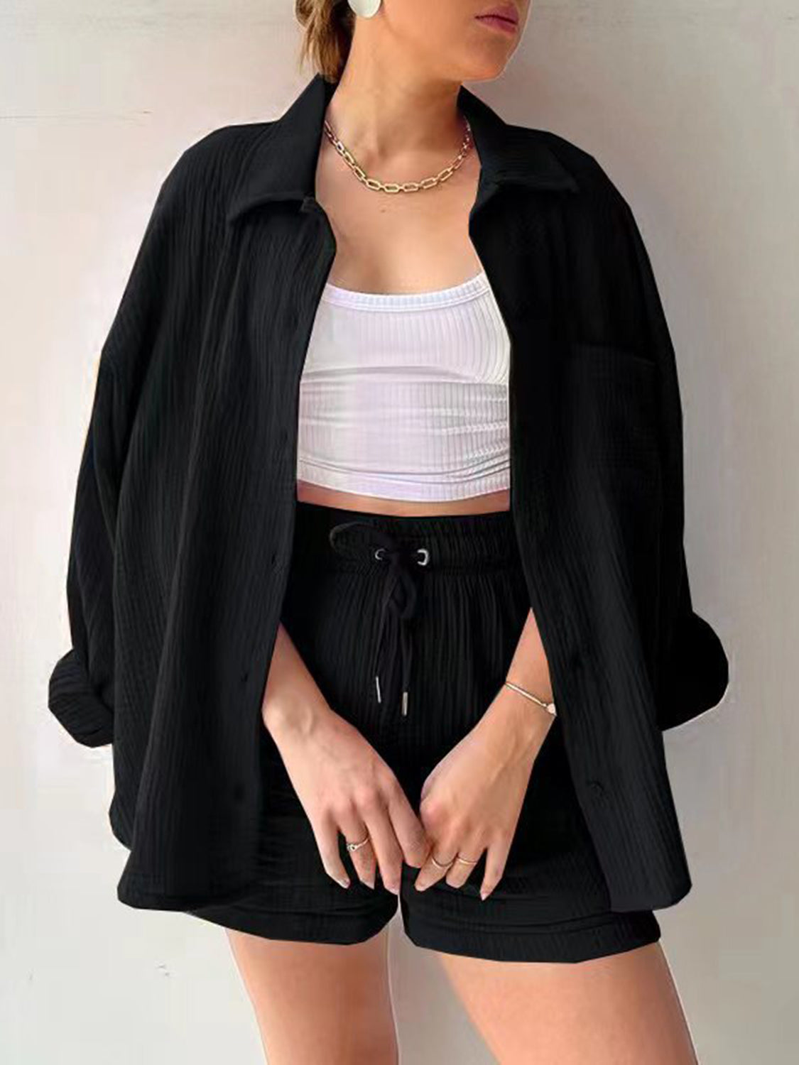 Texture Button Up Shirt and Drawstring Shorts Set - Viarous
