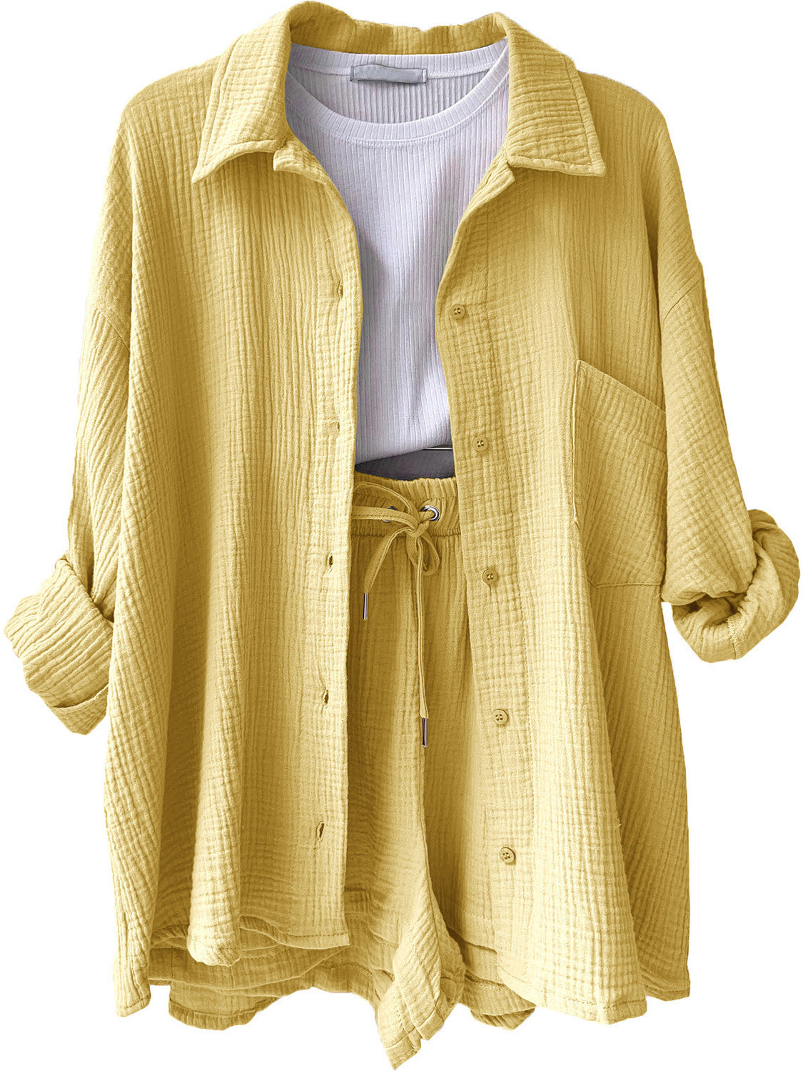 Texture Button Up Shirt and Drawstring Shorts Set - Viarous