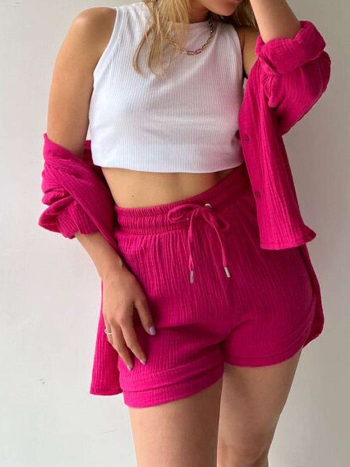 Texture Button Up Shirt and Drawstring Shorts Set - Viarous