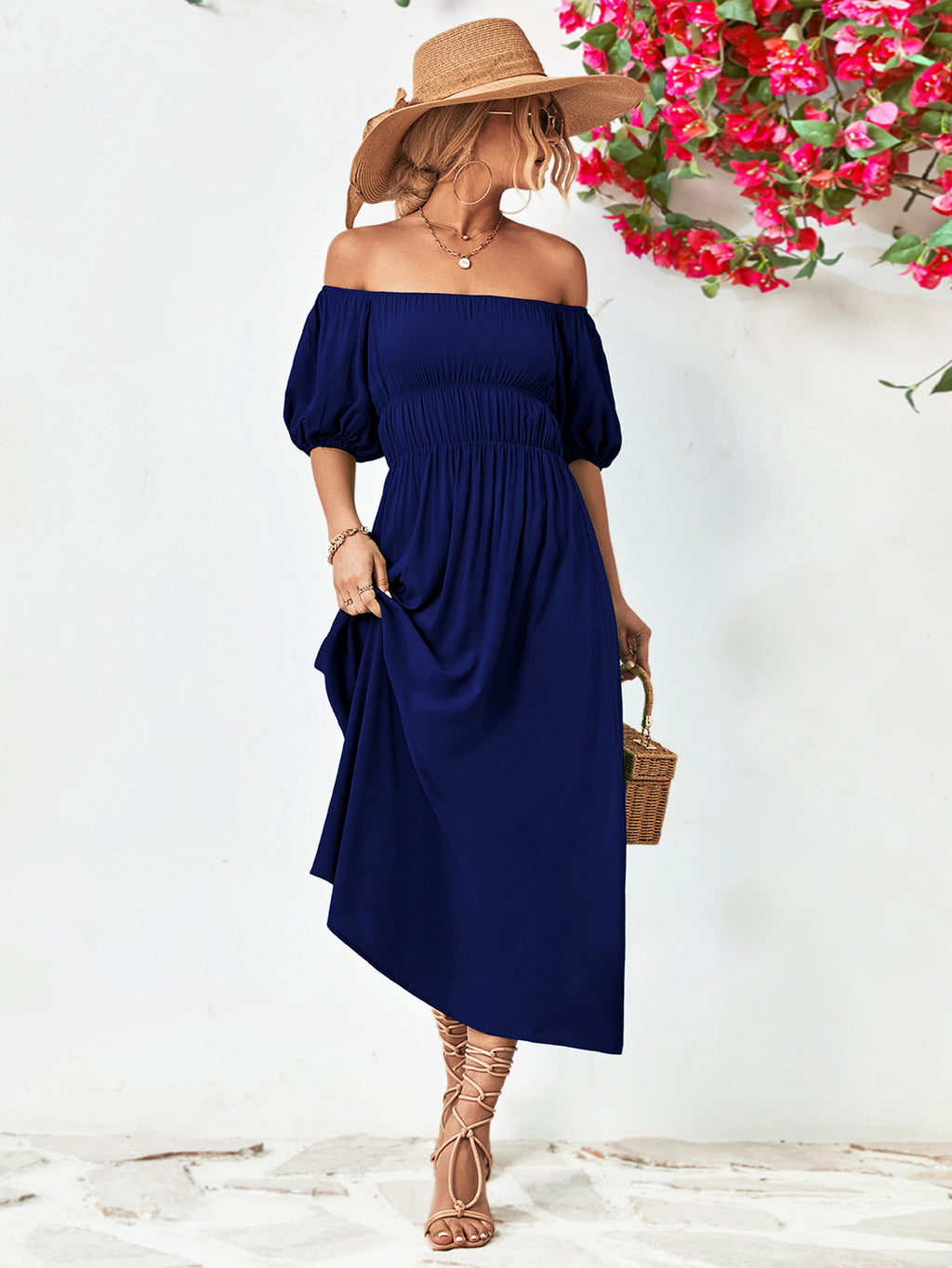 Off-Shoulder Balloon Sleeve Midi Dress - Viarous