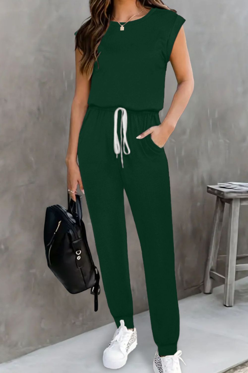Drawstring Round Neck Sleeveless Jumpsuit - Viarous