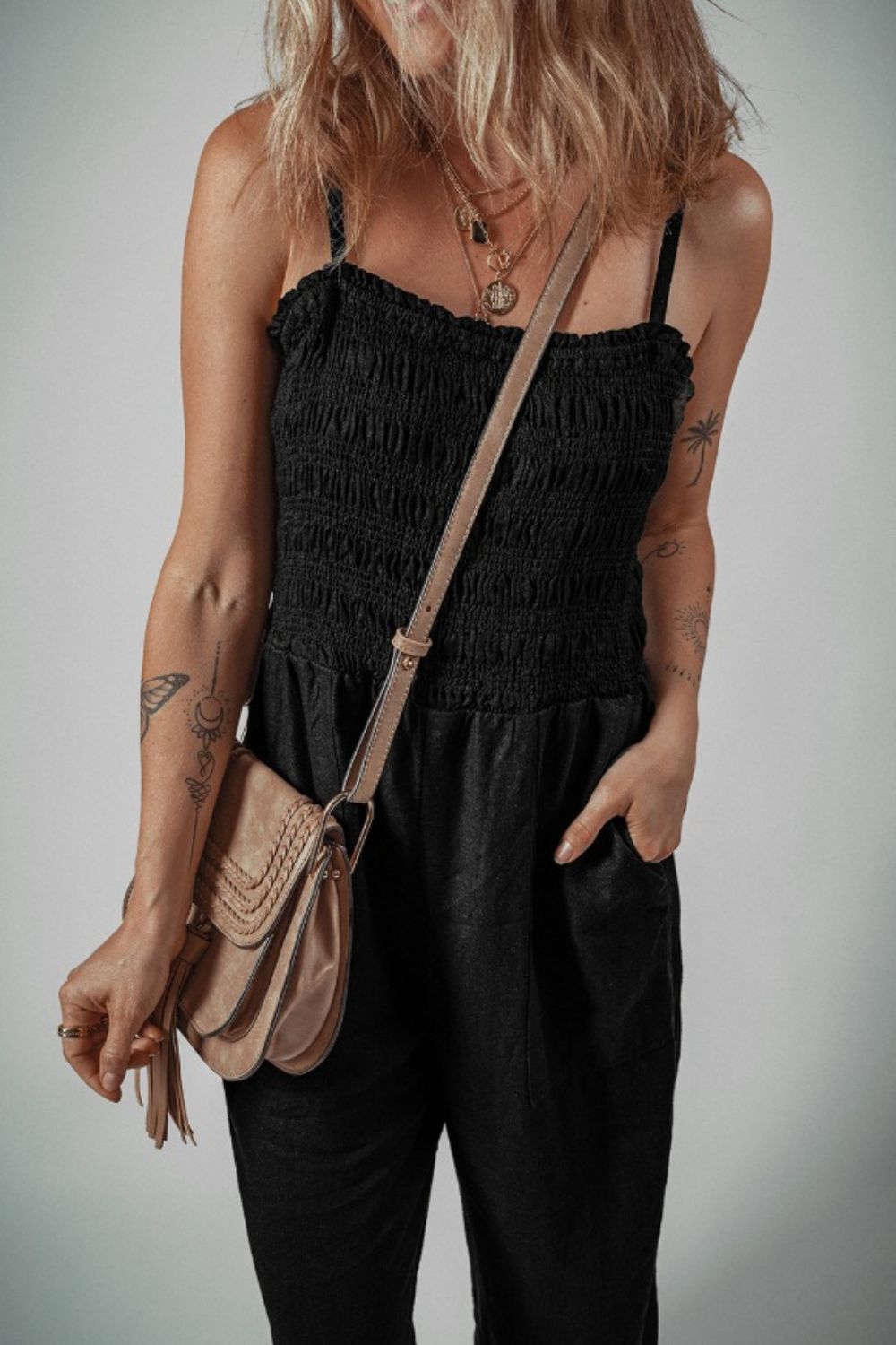 Smocked Spaghetti Straps Wide Leg Jumpsuit - Viarous