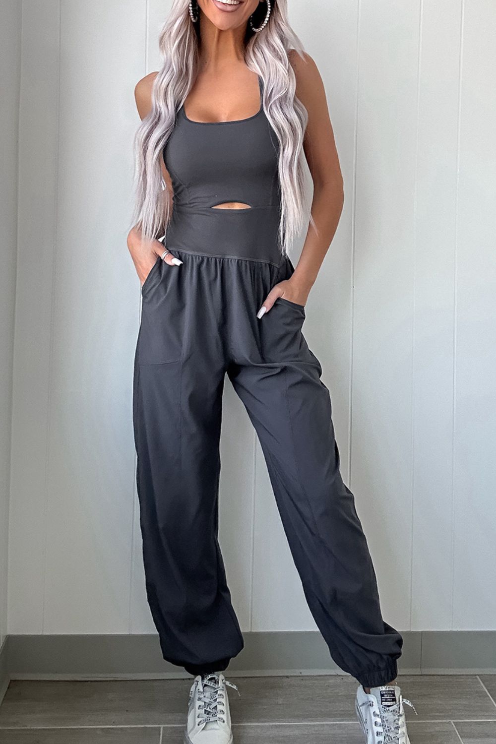 Cutout Square Neck Wide Strap Active Jumpsuit - Viarous
