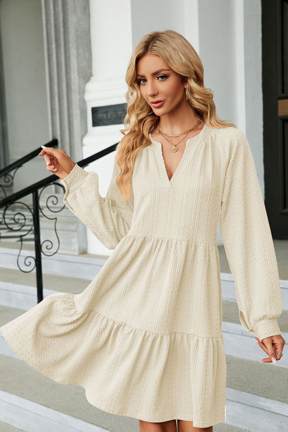 Notched Neck Long Sleeve Mini Dress - Viarous