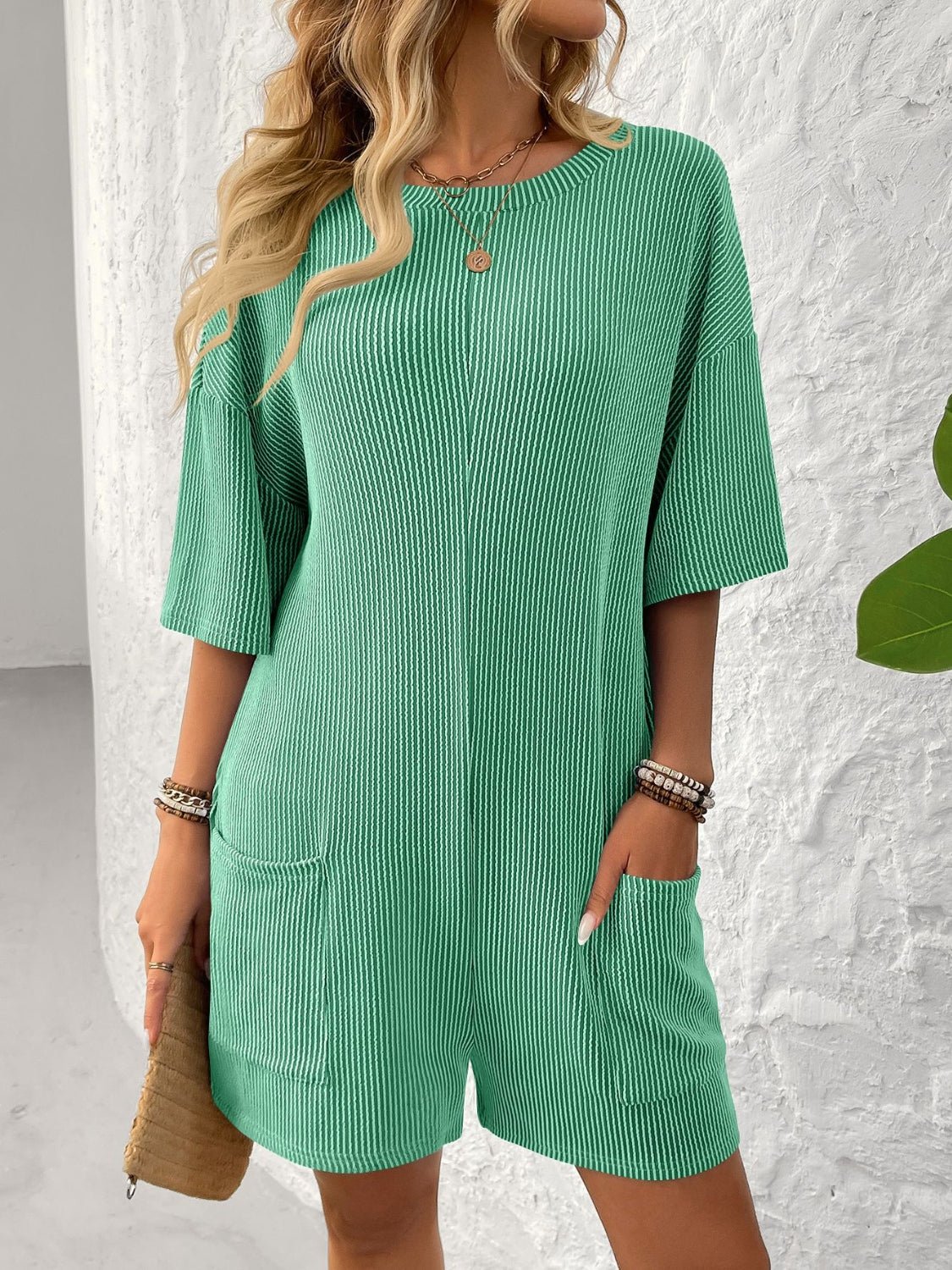 Backless Textured Round Neck Half Sleeve Romper - ViarousViarousViarous