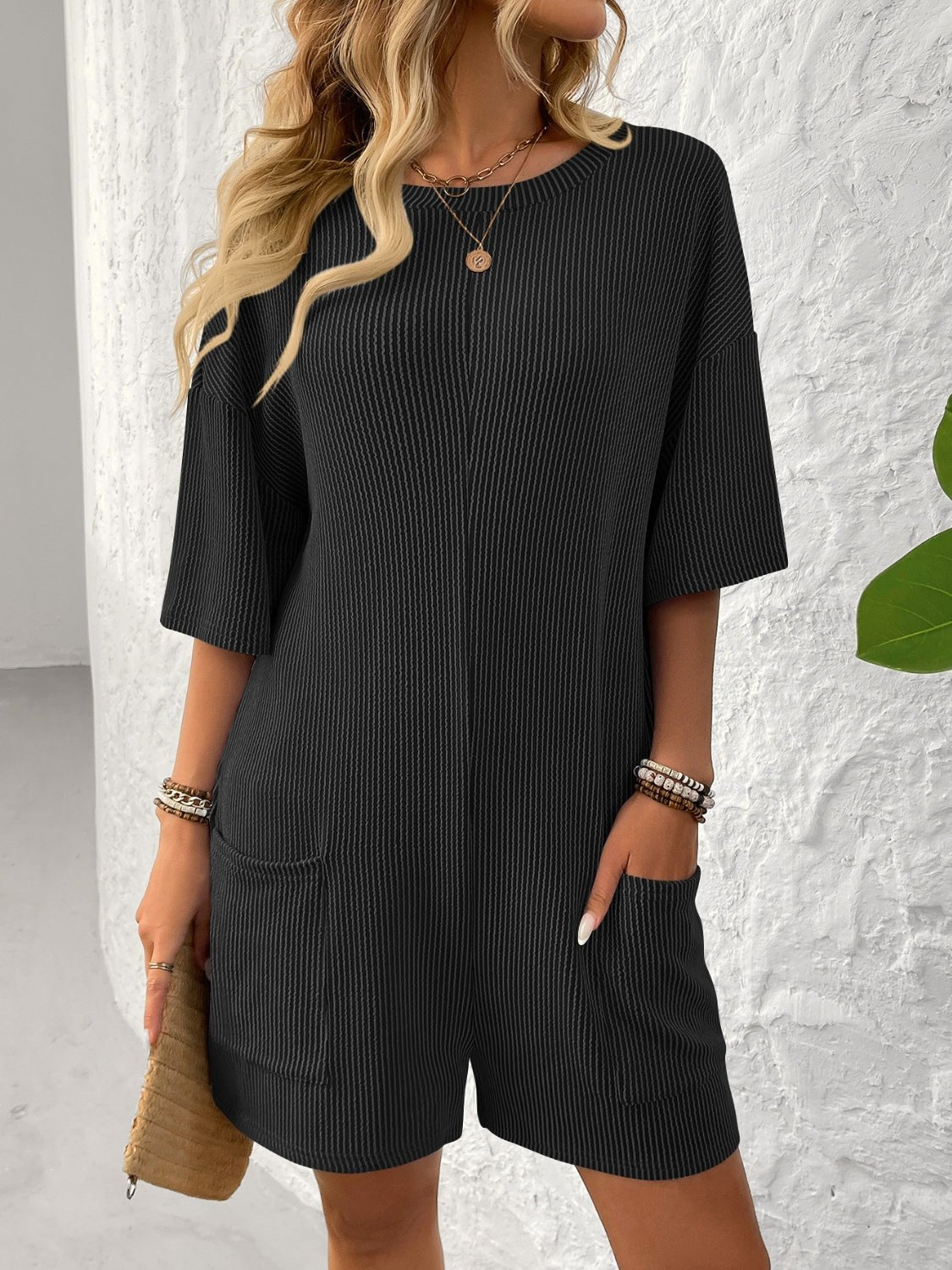 Backless Textured Round Neck Half Sleeve Romper - ViarousViarousViarous