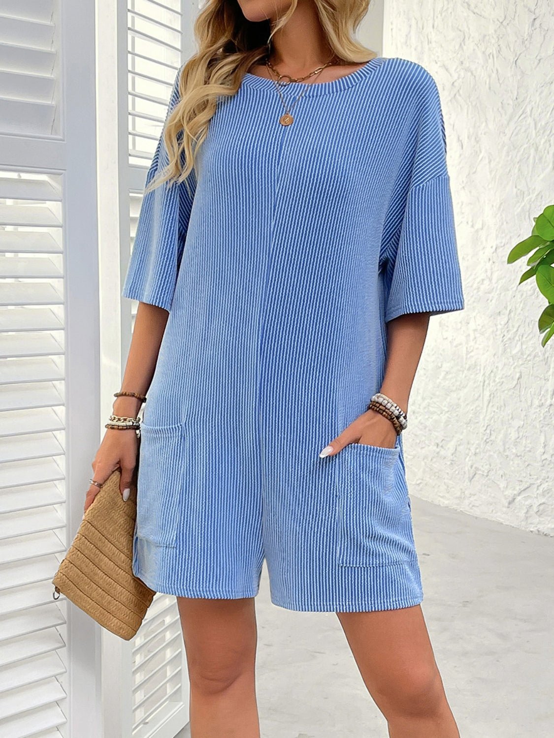 Backless Textured Round Neck Half Sleeve Romper - ViarousViarousViarous