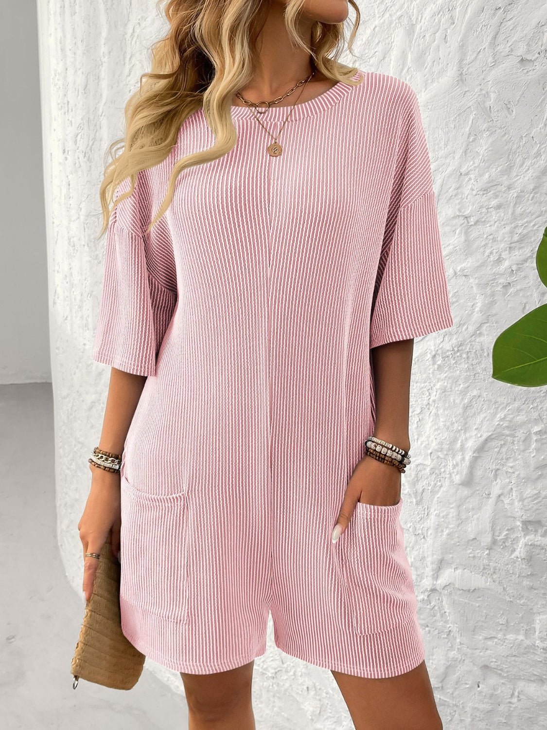 Backless Textured Round Neck Half Sleeve Romper - ViarousViarousViarous