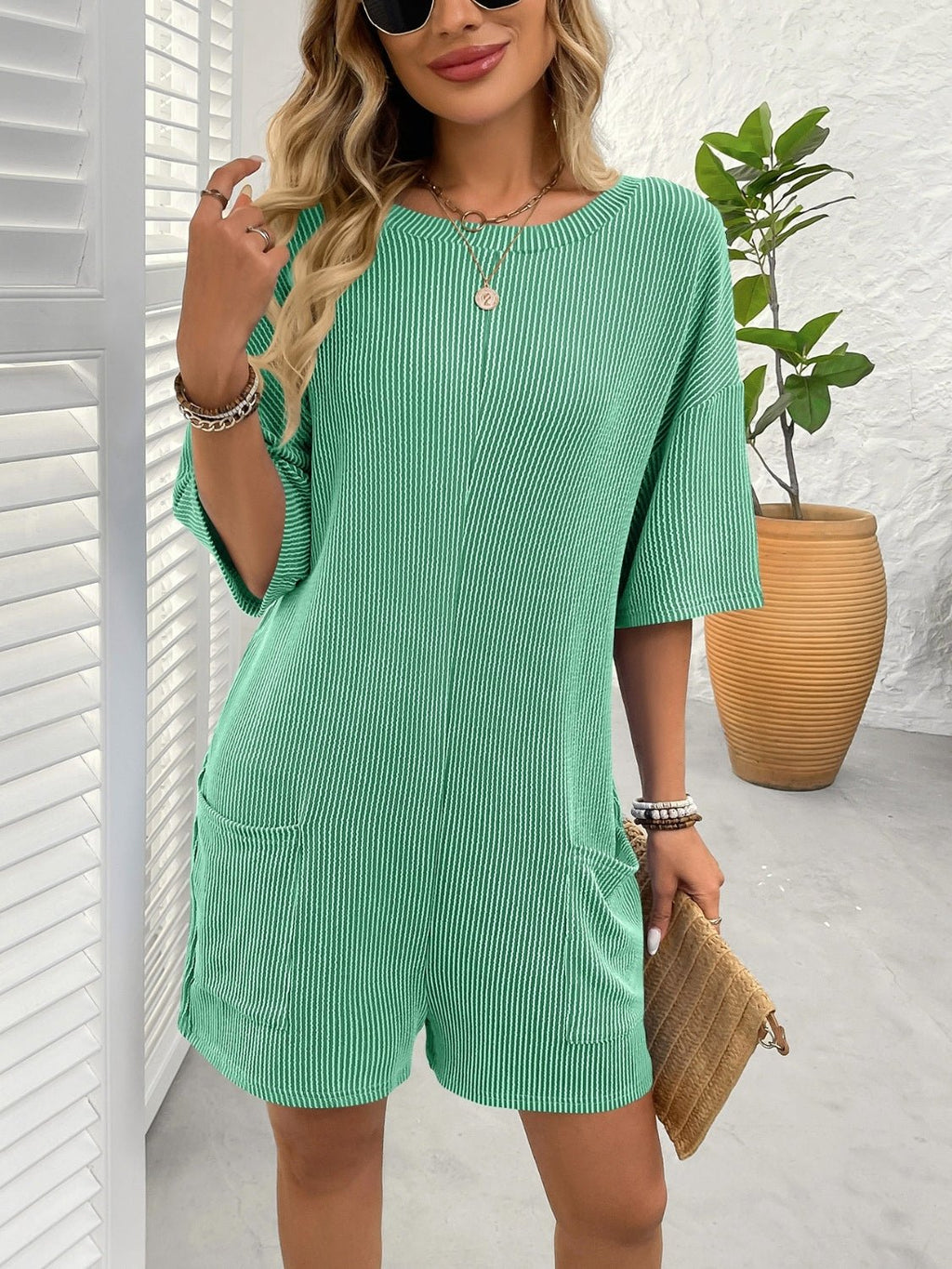 Backless Textured Round Neck Half Sleeve Romper - ViarousViarousViarous