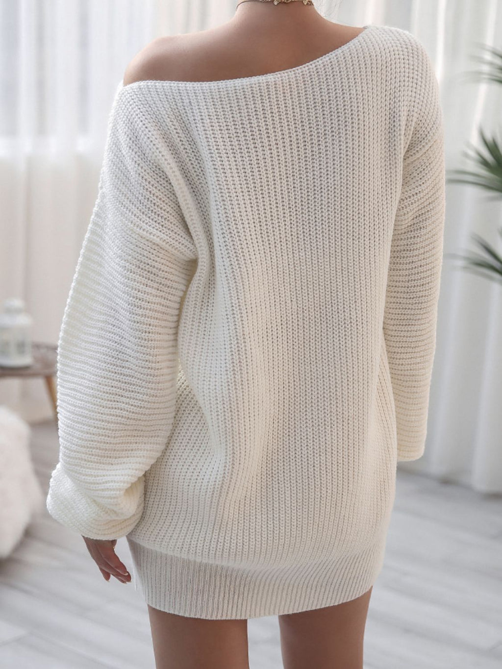 Balloon Sleeve Boat Neck Sweater Mini Dress - ViarousViarousViarous