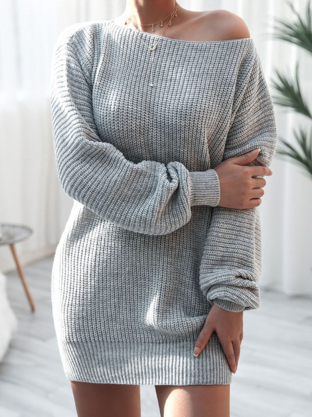 Balloon Sleeve Boat Neck Sweater Mini Dress - ViarousViarousViarous