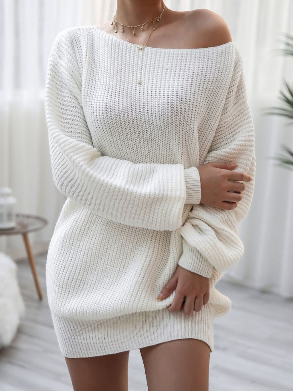 Balloon Sleeve Boat Neck Sweater Mini Dress - ViarousViarousViarous