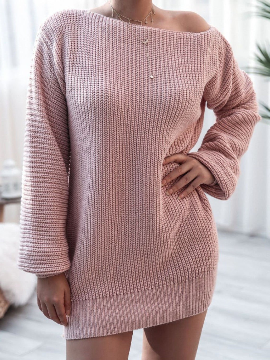 Balloon Sleeve Boat Neck Sweater Mini Dress - ViarousViarousViarous