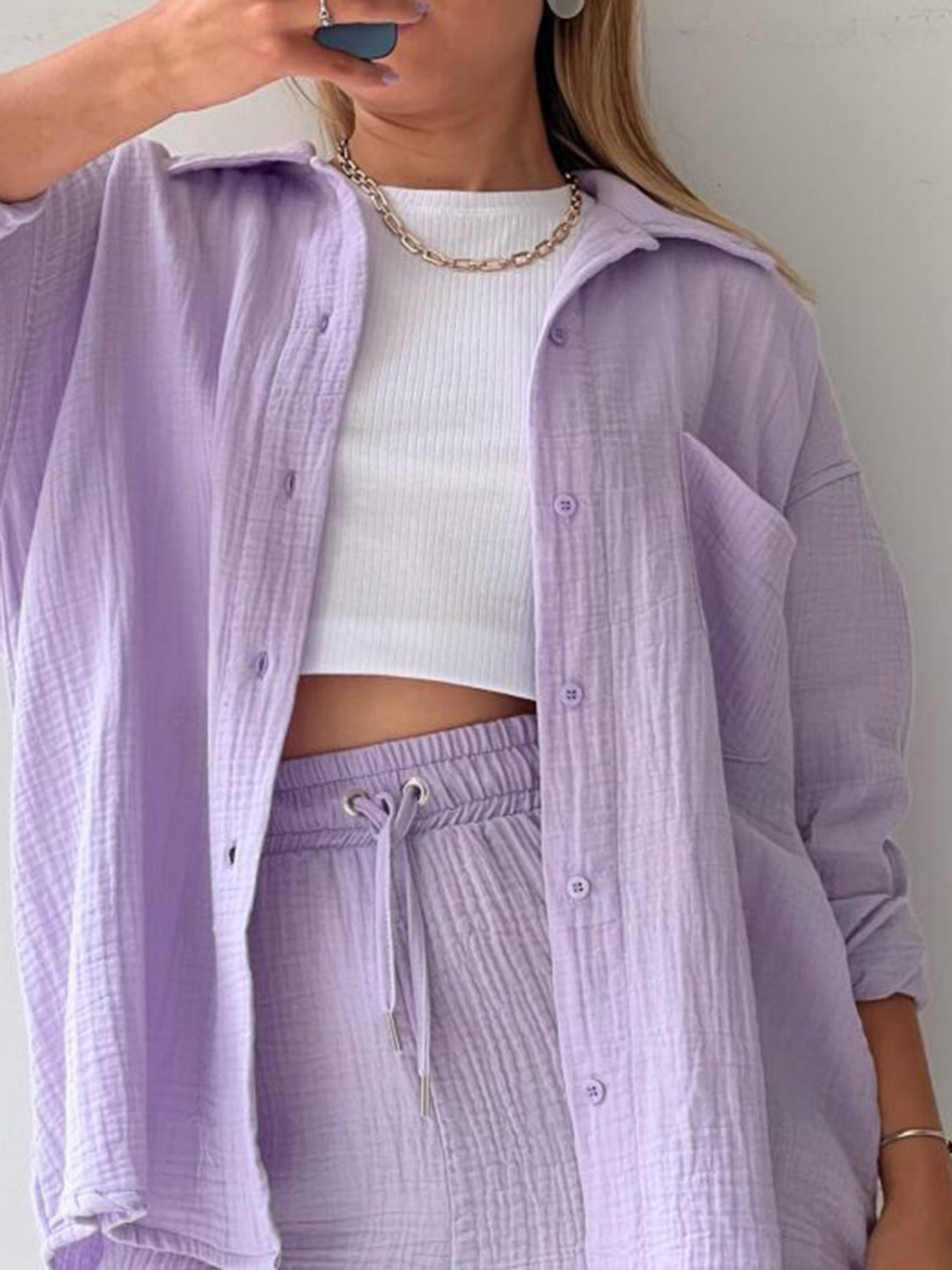 Texture Button Up Shirt and Drawstring Shorts Set - Viarous