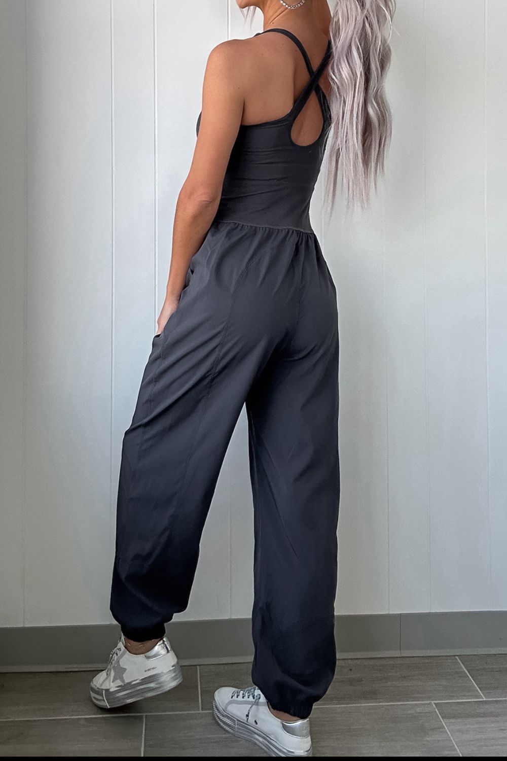 Cutout Square Neck Wide Strap Active Jumpsuit - Viarous