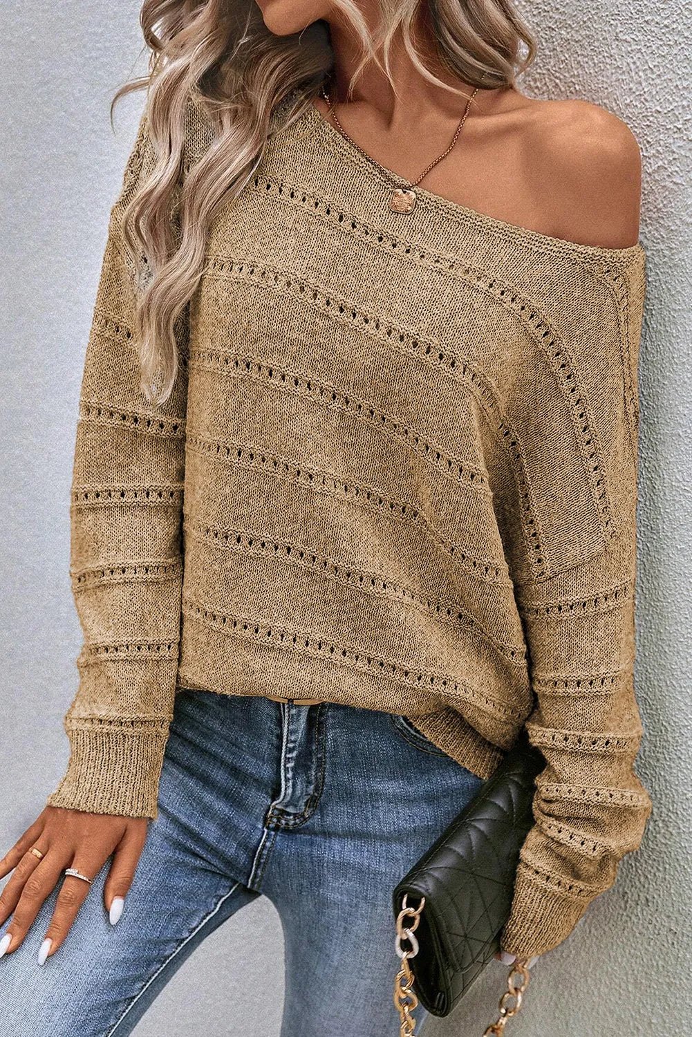 Boat Neck Dropped Shoulder Sweater - ViarousViarousViarous