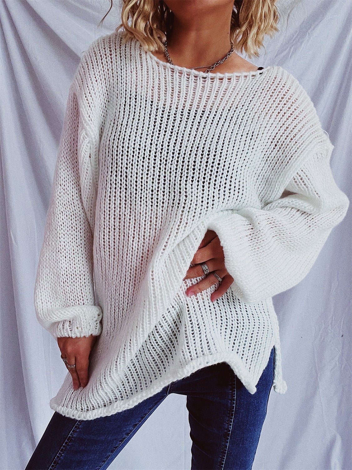 Boat Neck Dropped Shoulder Sweater - ViarousViarousViarous