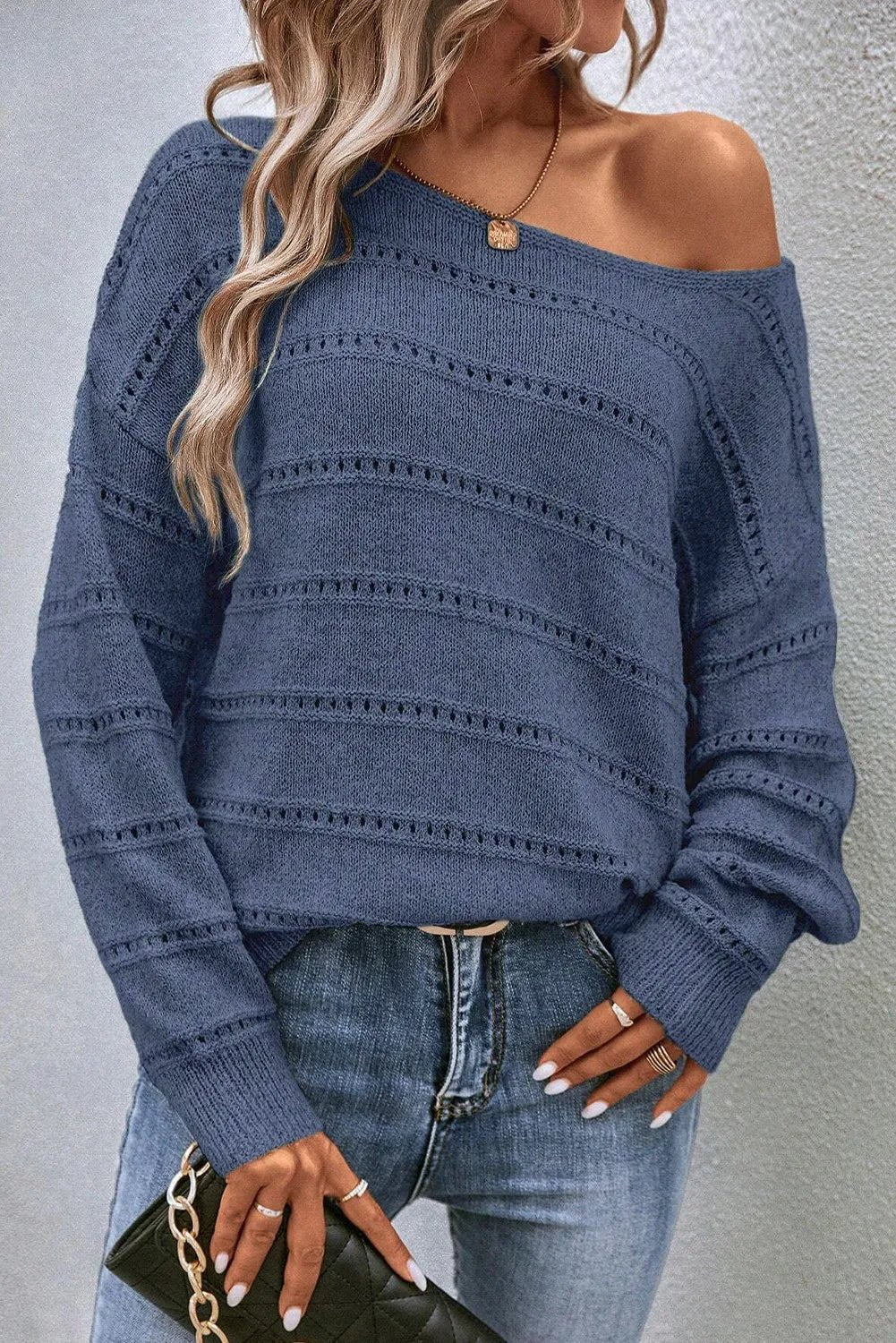 Boat Neck Dropped Shoulder Sweater - ViarousViarousViarous