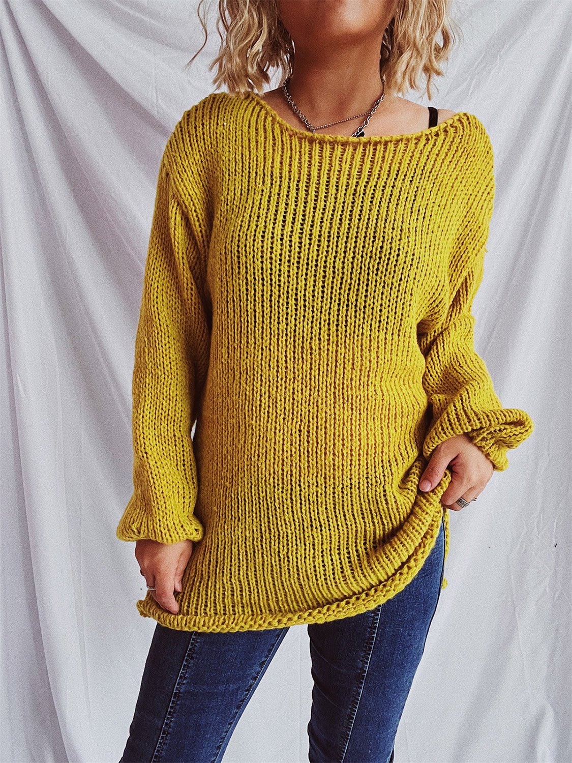 Boat Neck Dropped Shoulder Sweater - ViarousViarousViarous