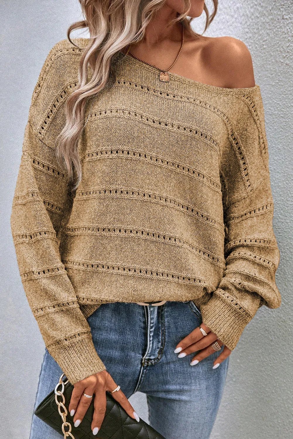 Boat Neck Dropped Shoulder Sweater - ViarousViarousViarous