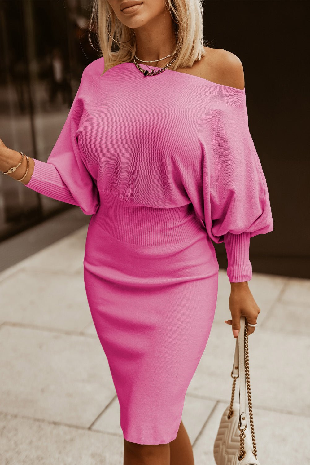 Boat Neck Lantern Sleeve Sweater Dress - ViarousViarousViarous