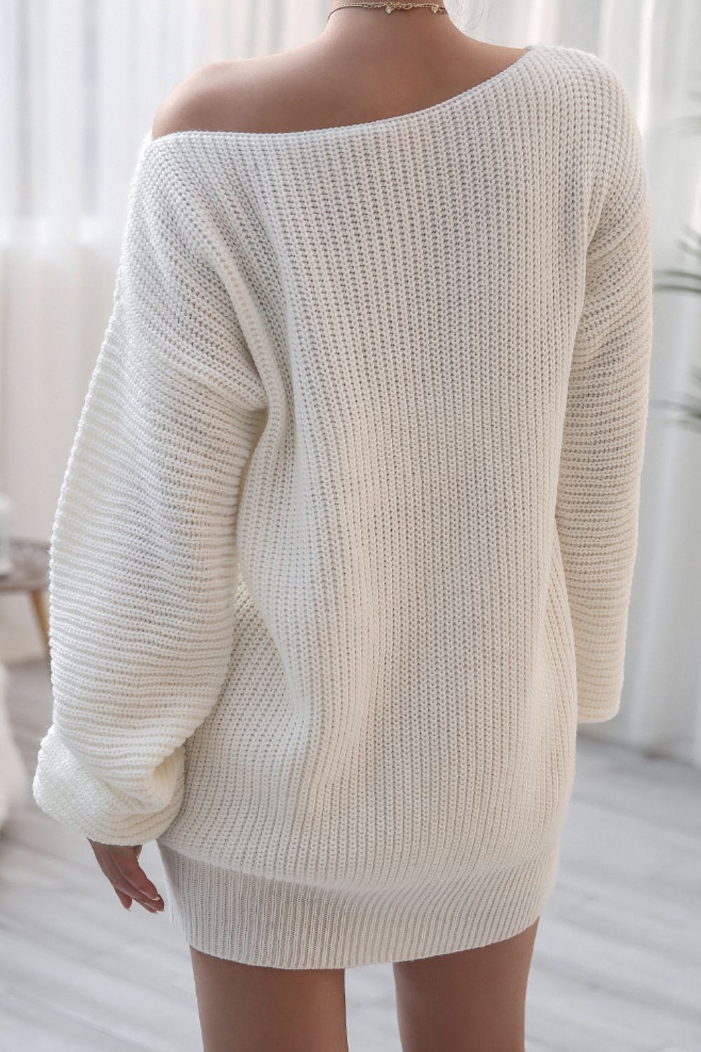 Boat Neck Long Sleeve Mini Sweater Dress - ViarousViarousViarous