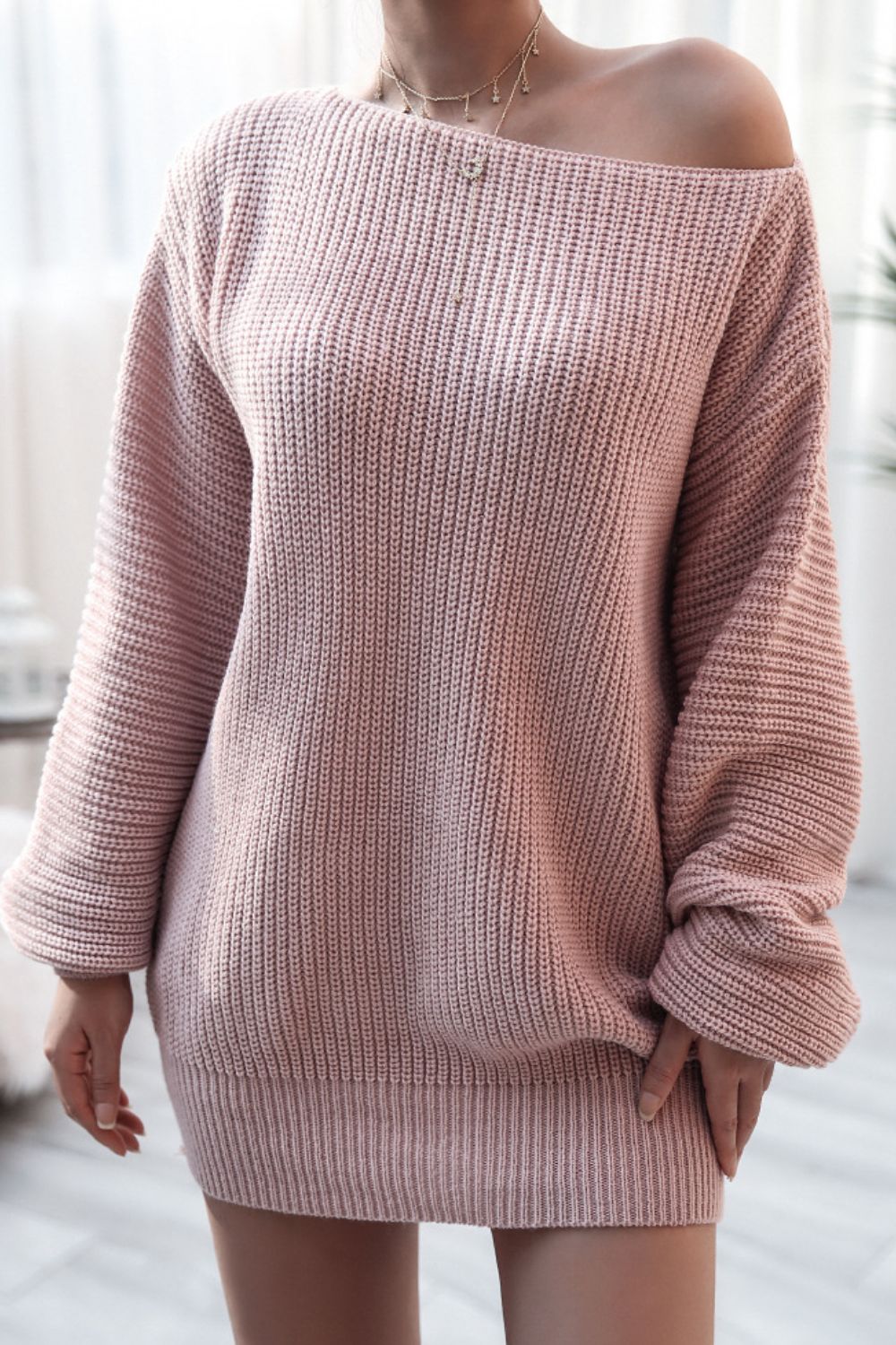Boat Neck Long Sleeve Mini Sweater Dress - ViarousViarousViarous
