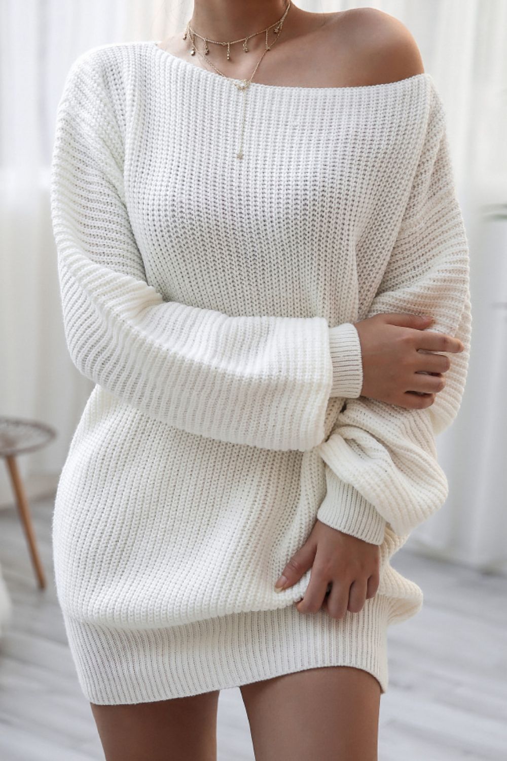 Boat Neck Long Sleeve Mini Sweater Dress - ViarousViarousViarous