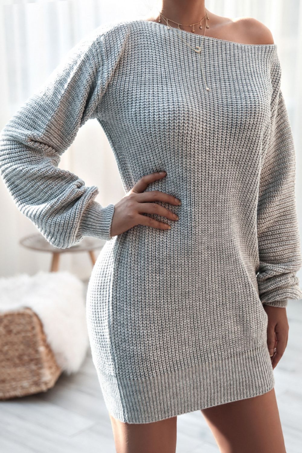 Boat Neck Long Sleeve Mini Sweater Dress - ViarousViarousViarous