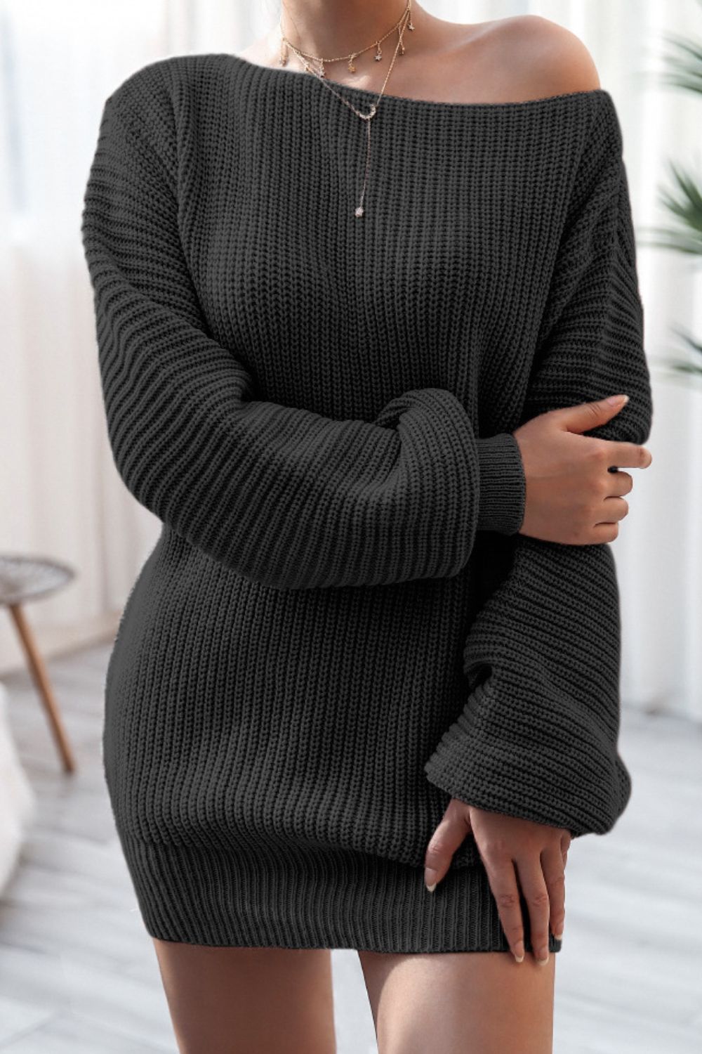 Boat Neck Long Sleeve Mini Sweater Dress - ViarousViarousViarous