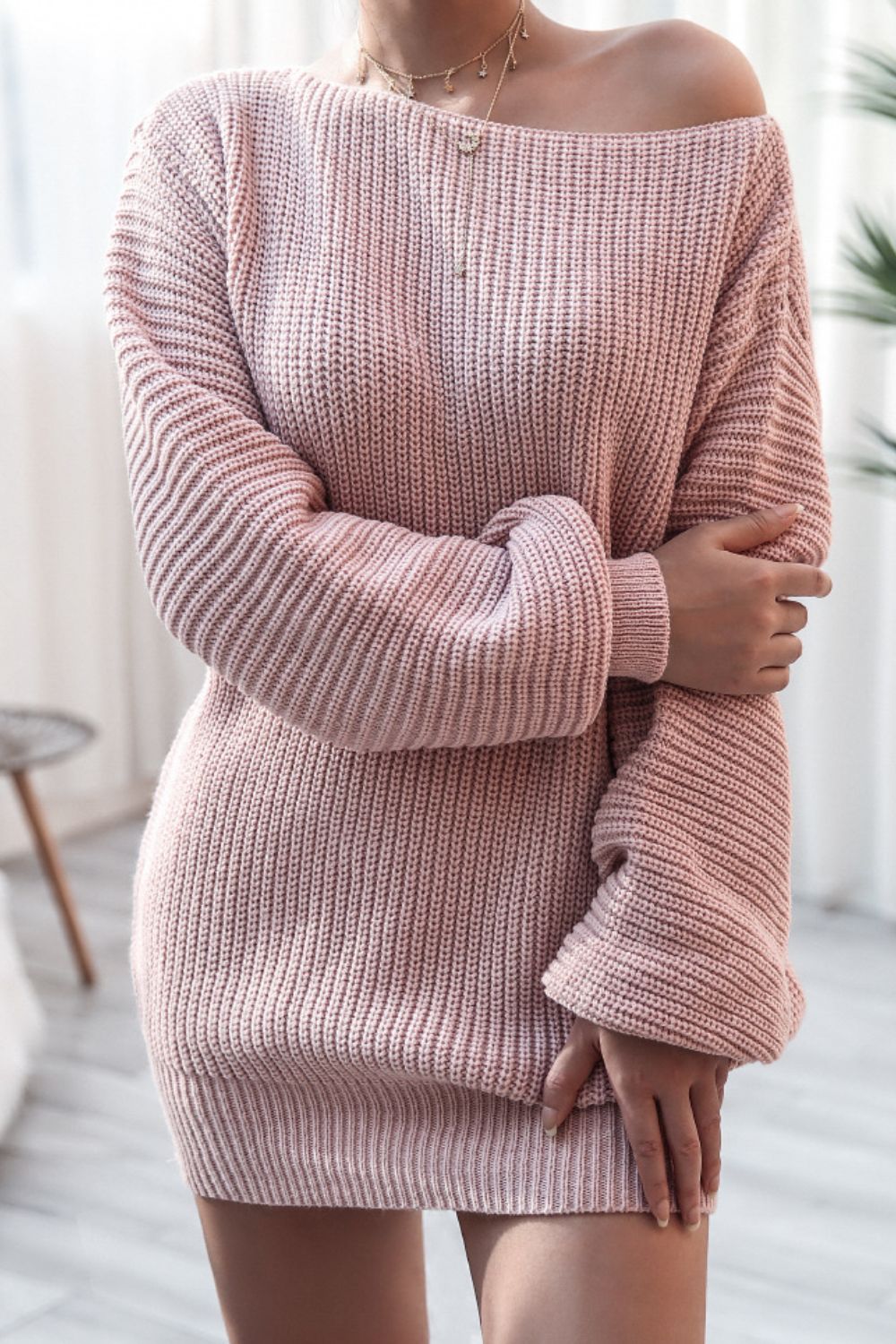 Boat Neck Long Sleeve Mini Sweater Dress - ViarousViarousViarous