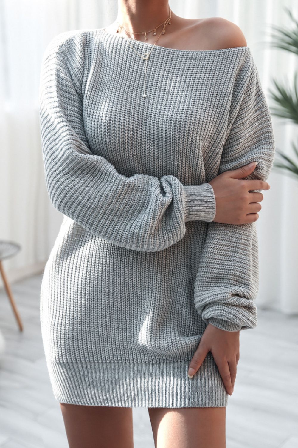 Boat Neck Long Sleeve Mini Sweater Dress - ViarousViarousViarous