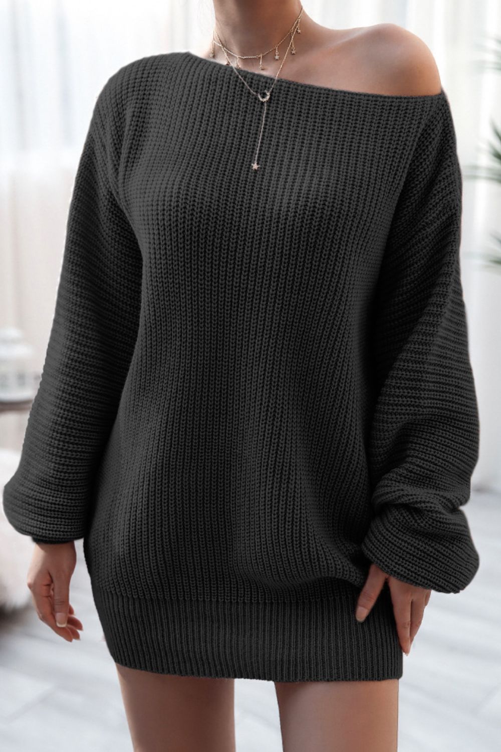 Boat Neck Long Sleeve Mini Sweater Dress - ViarousViarousViarous