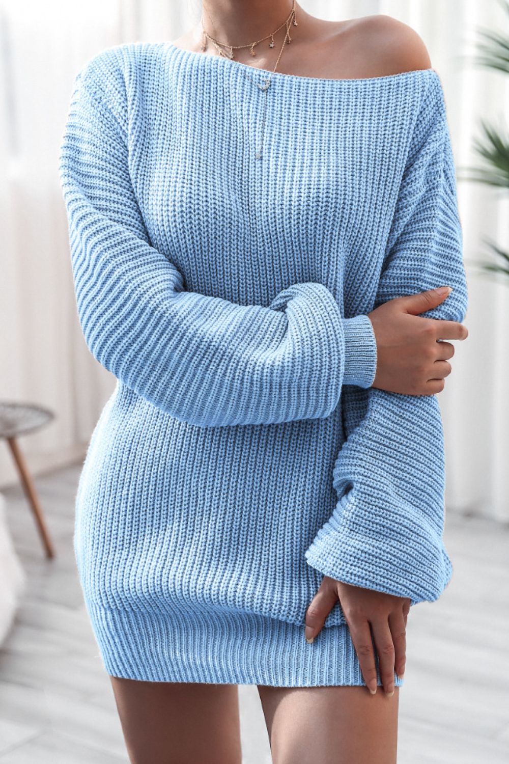 Boat Neck Long Sleeve Mini Sweater Dress - ViarousViarousViarous