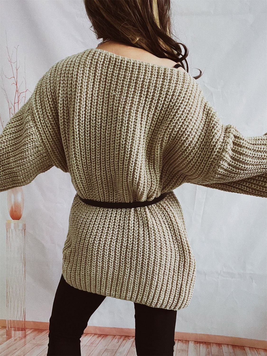 Boat Neck Long Sleeve Sweater with Belt - ViarousViarousViarous