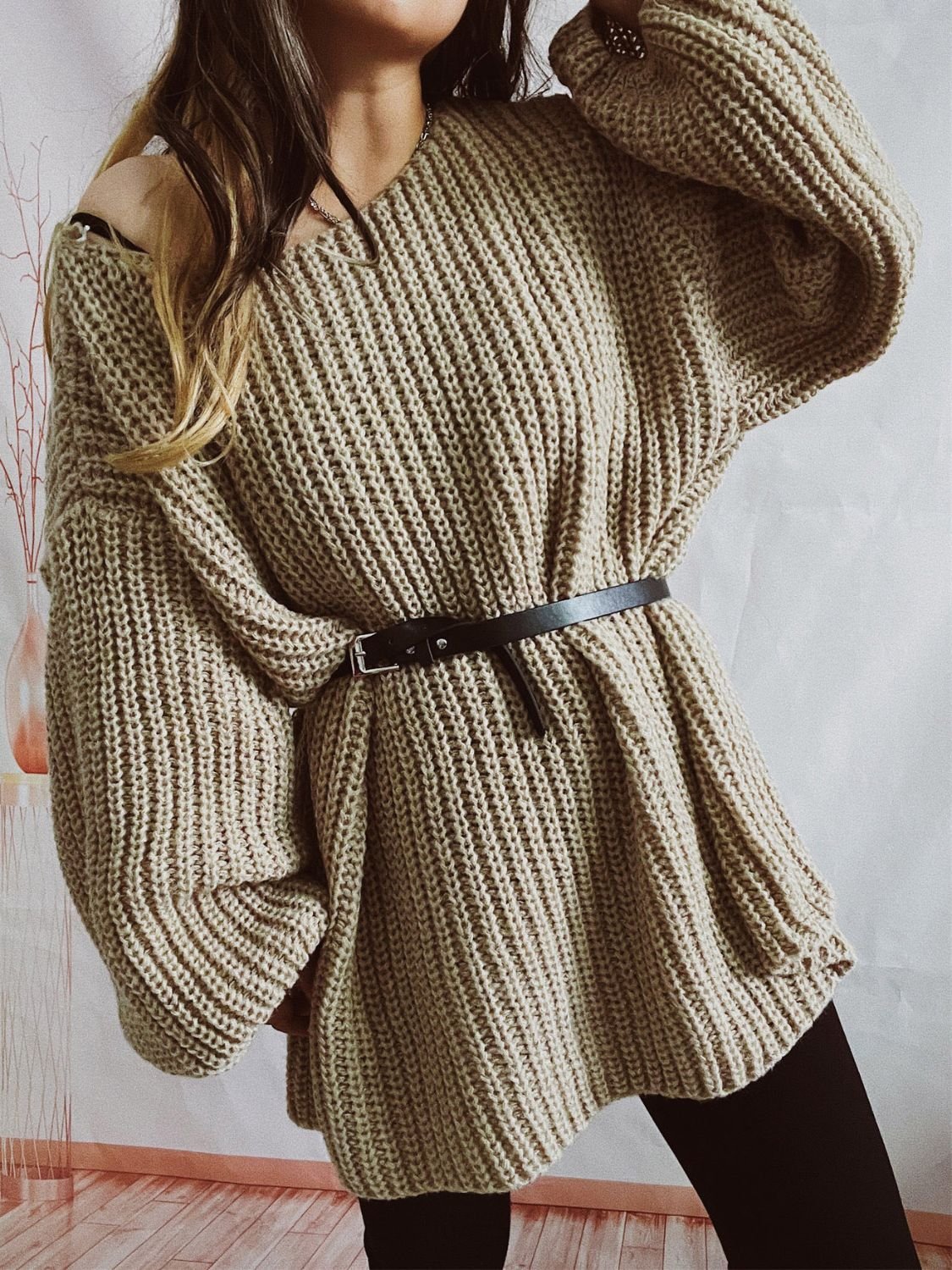 Boat Neck Long Sleeve Sweater with Belt - ViarousViarousViarous