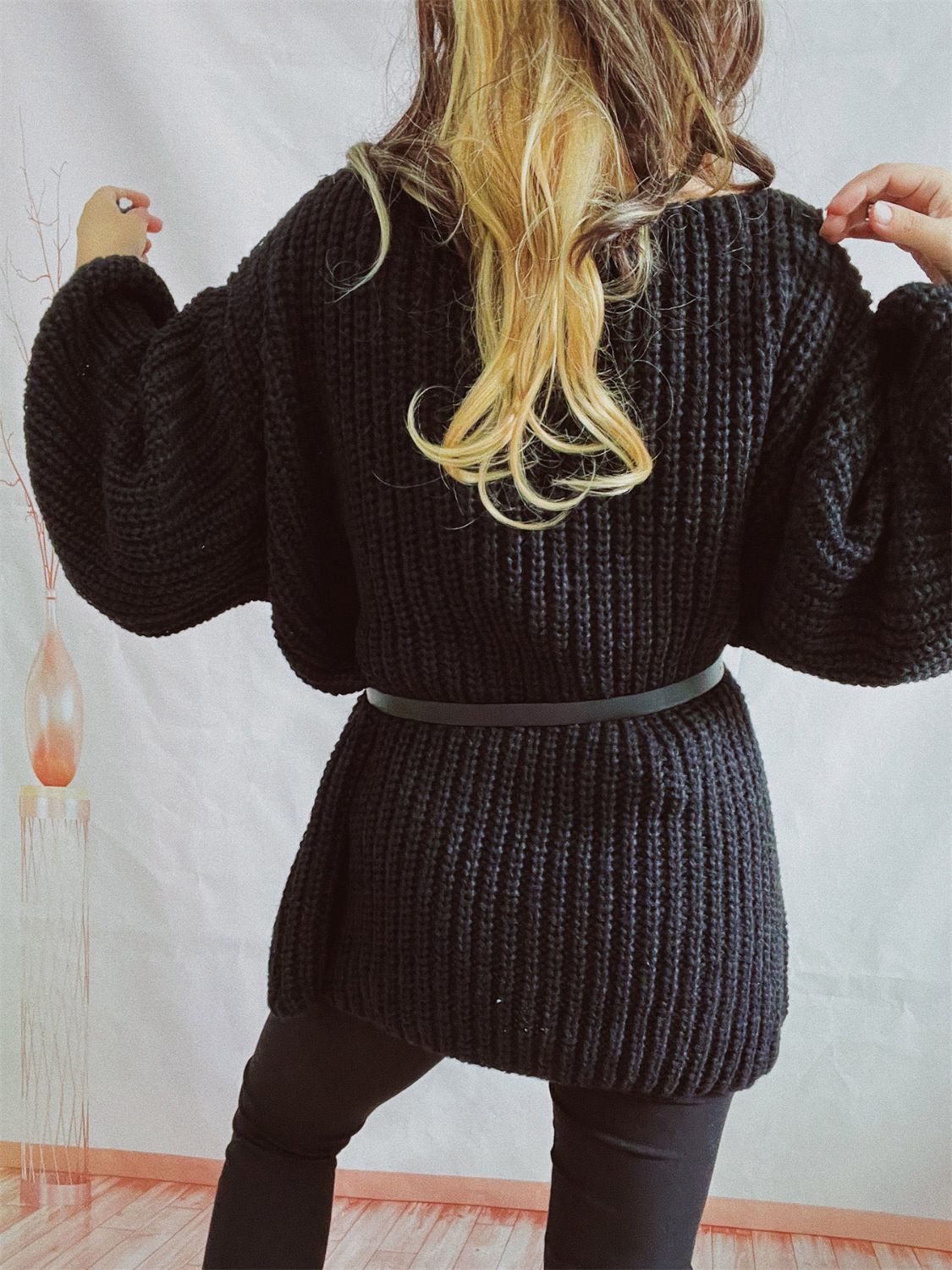 Boat Neck Long Sleeve Sweater with Belt - ViarousViarousViarous