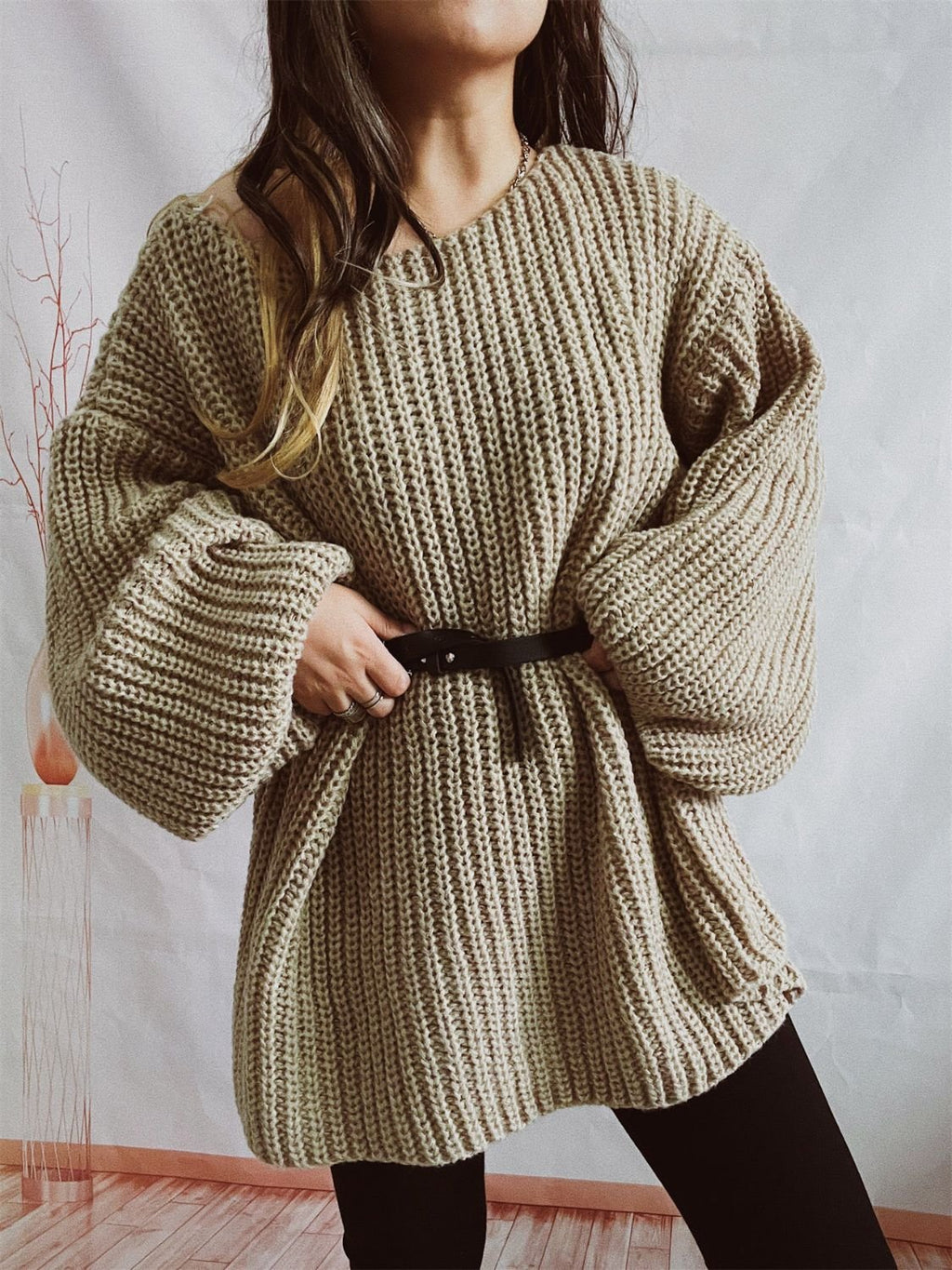 Boat Neck Long Sleeve Sweater with Belt - ViarousViarousViarous