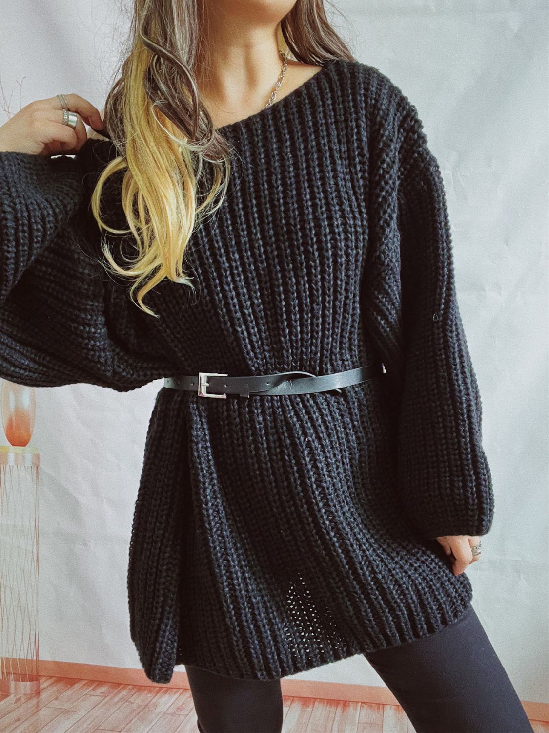 Boat Neck Long Sleeve Sweater with Belt - ViarousViarousViarous
