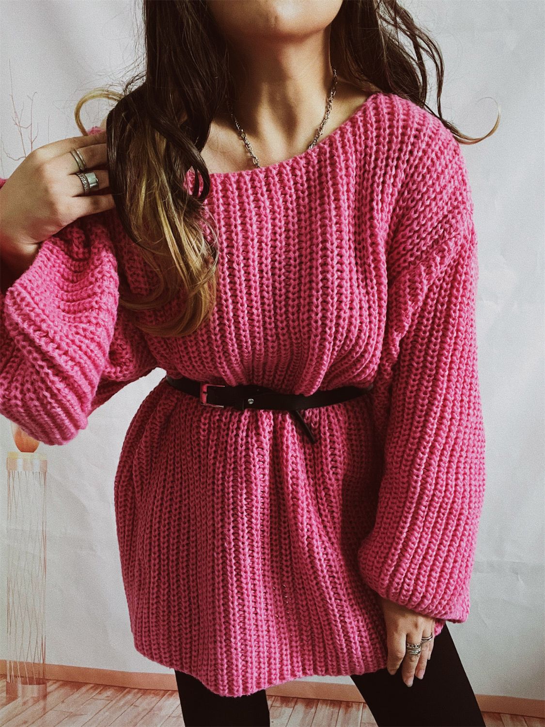 Boat Neck Long Sleeve Sweater with Belt - ViarousViarousViarous