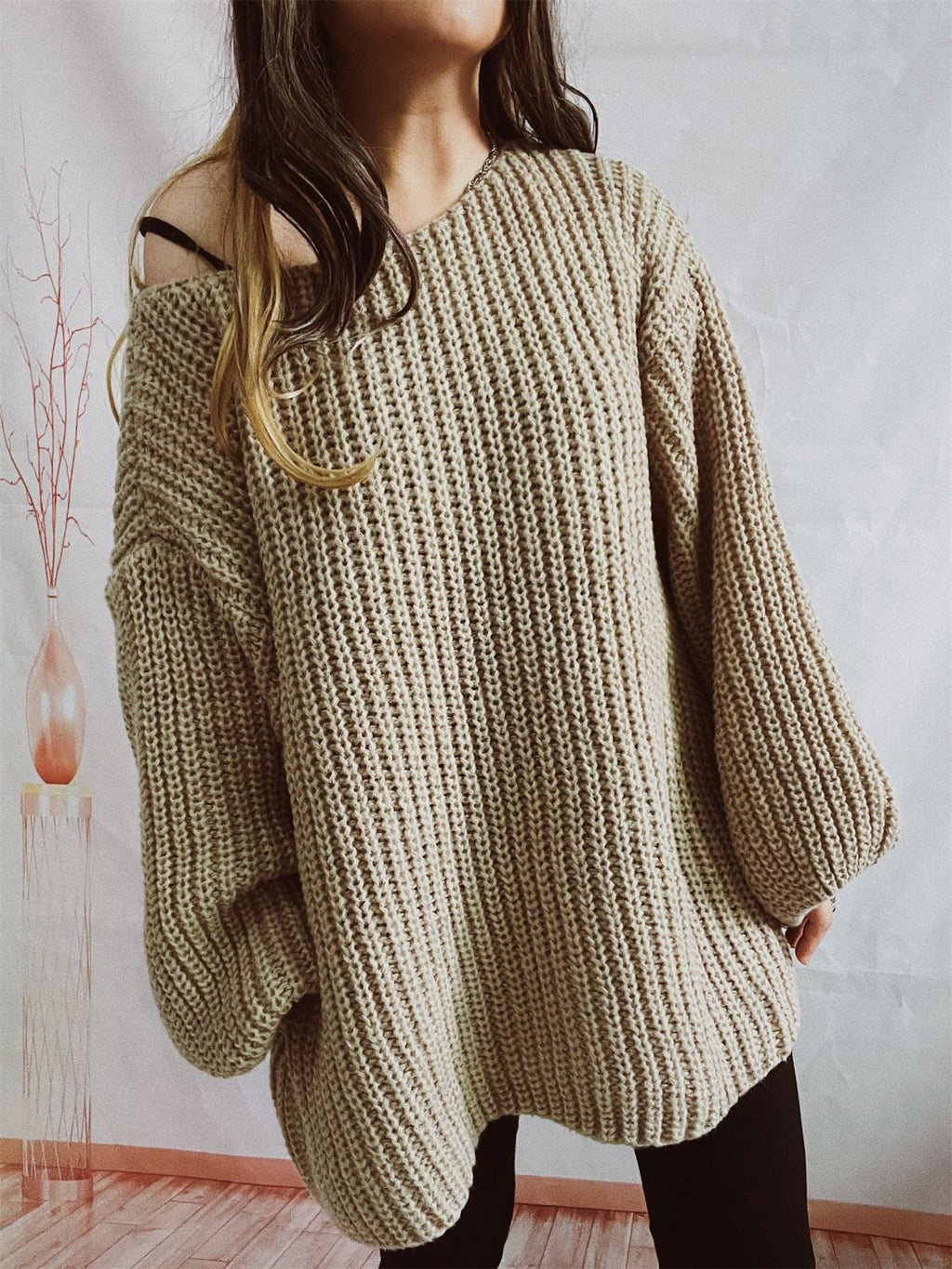 Boat Neck Long Sleeve Sweater with Belt - ViarousViarousViarous